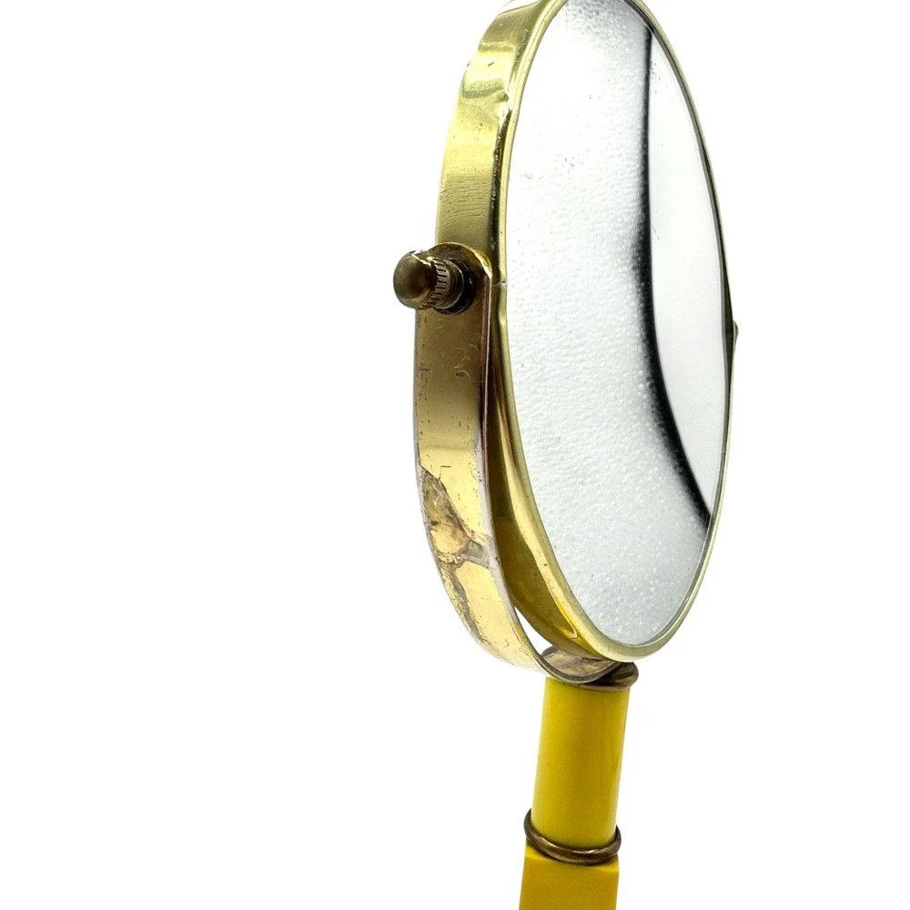 Vintage Yellow Vanity Mirror 1970s Celluloid Footed Brass 11